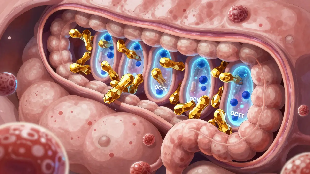 Microscopic view of goldenseal blocking metformin from entering gut transporters