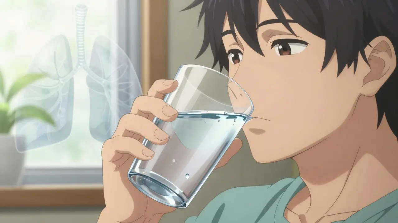 Person drinking a glass of water for respiratory health and recovery