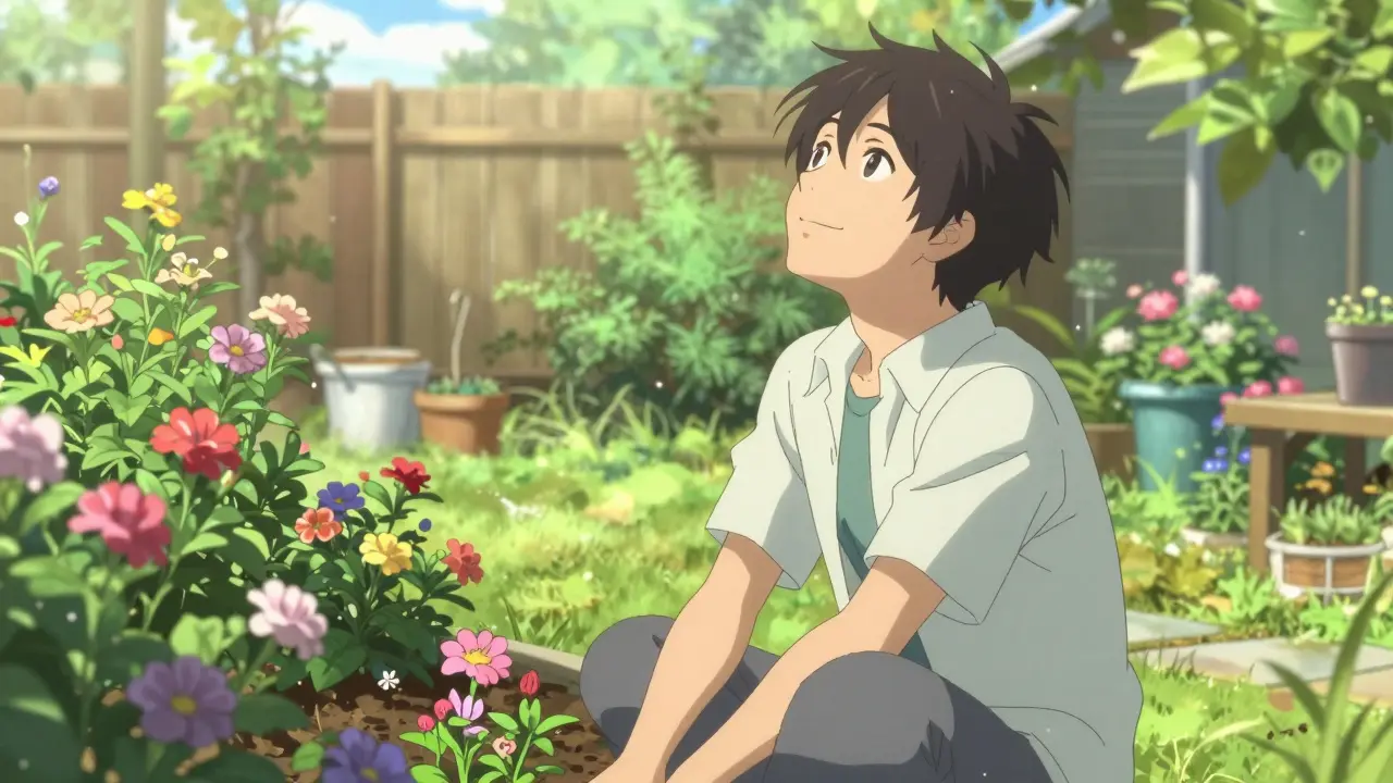 Person peacefully gardening in a sunny backyard, feeling free from insect allergy fear.