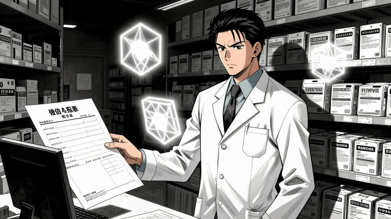 Pharmacist holding a prescription document beside stacked packages in a warehouse aisle.