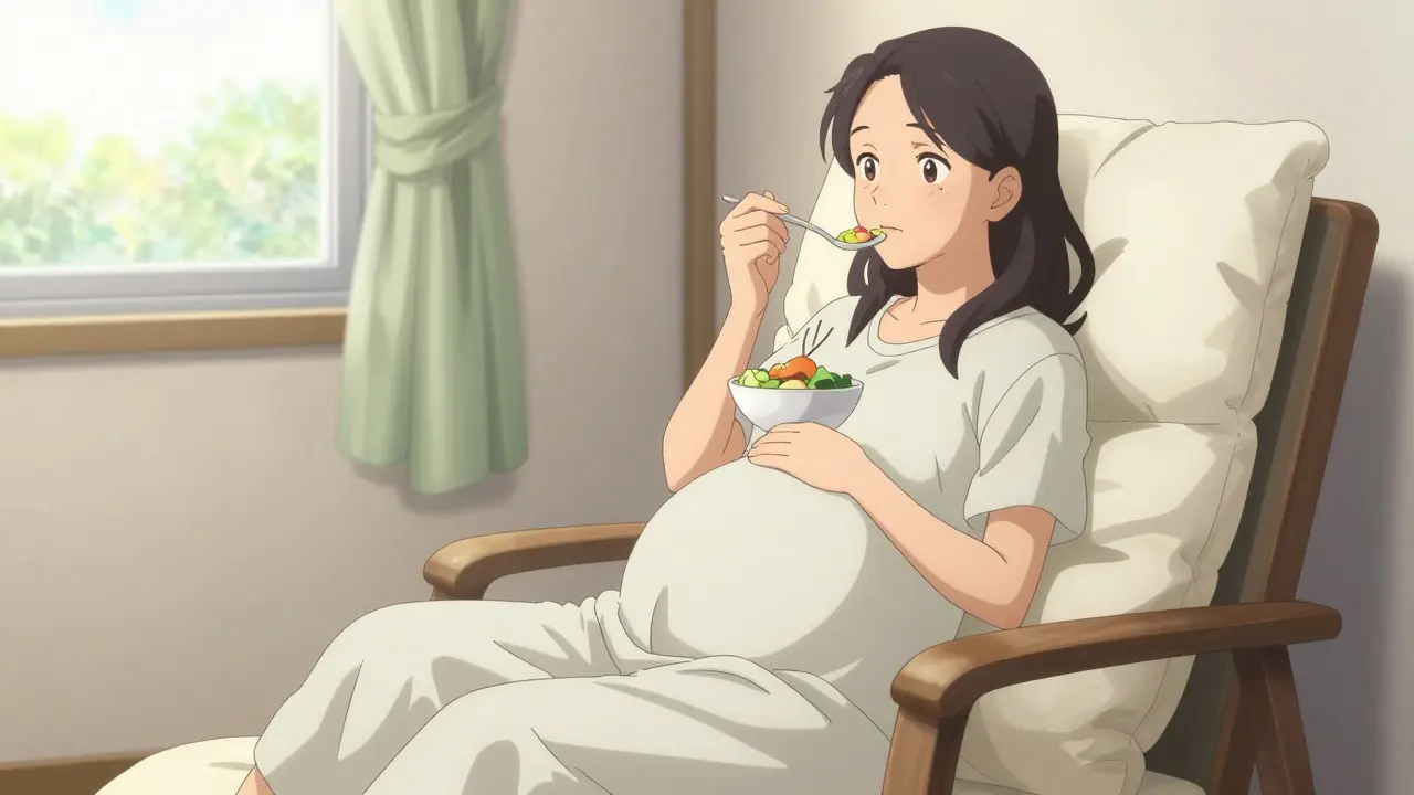 Pregnant woman sitting up with a wedge pillow eating a small meal.