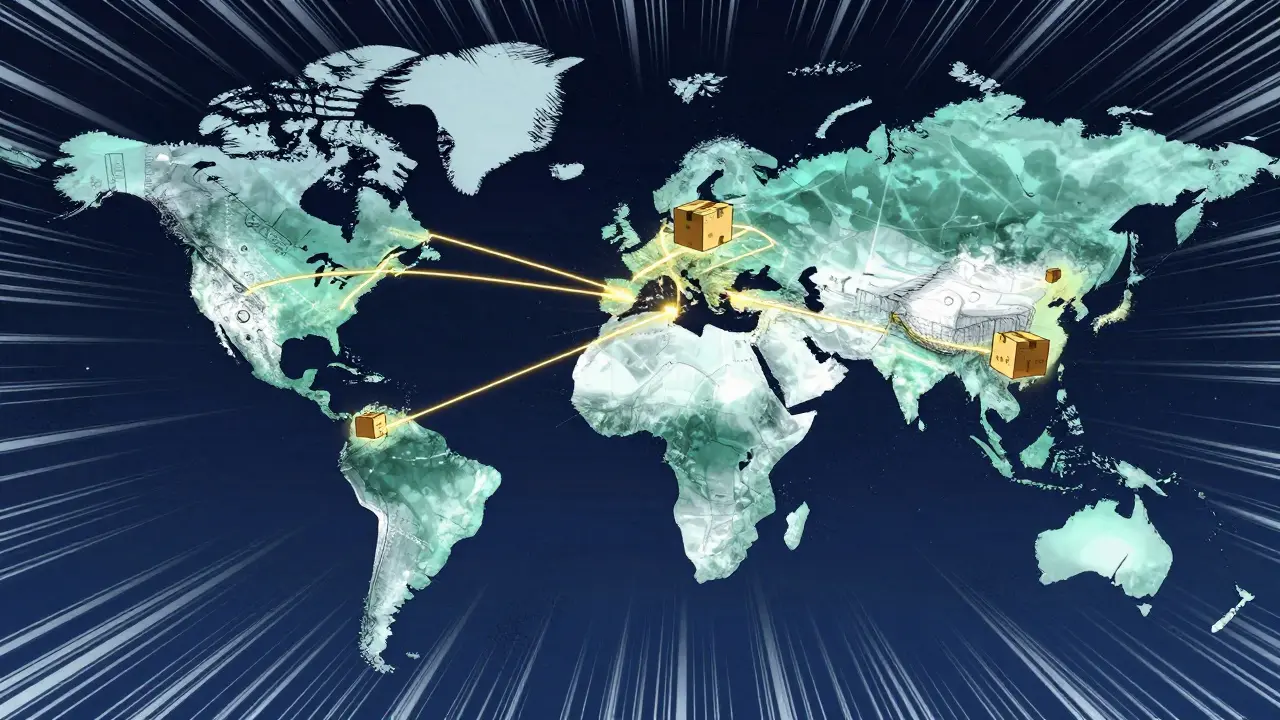 Stylized global map showing medication shipping routes with high-detail manga line work