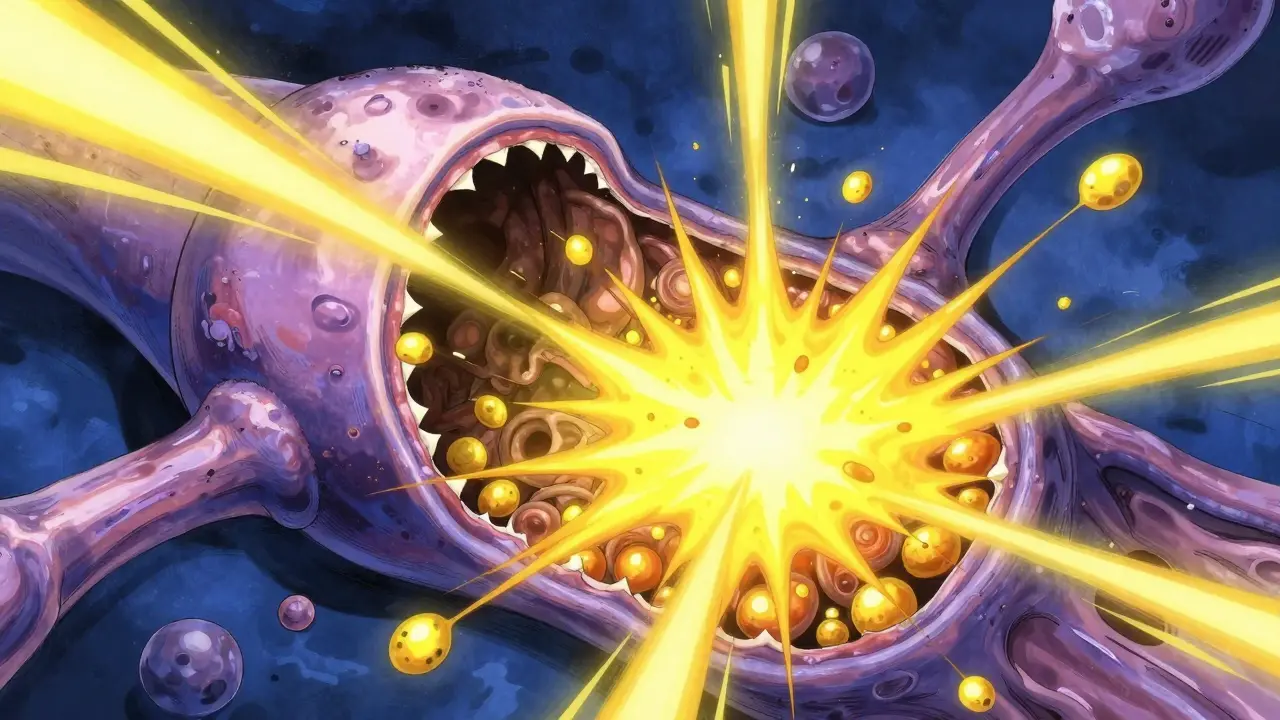 Abstract manga illustration of calcium ions flooding out of a muscle cell