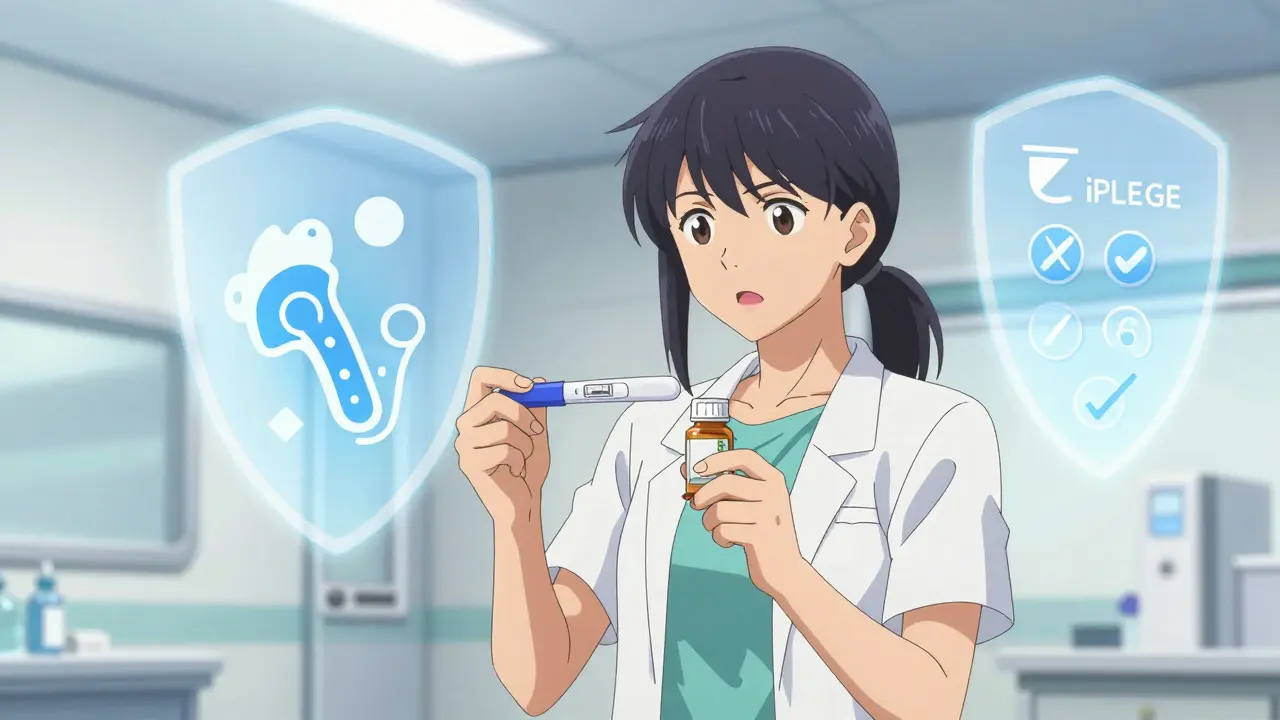 Anime patient holding pregnancy test and meds with protective shield graphics.