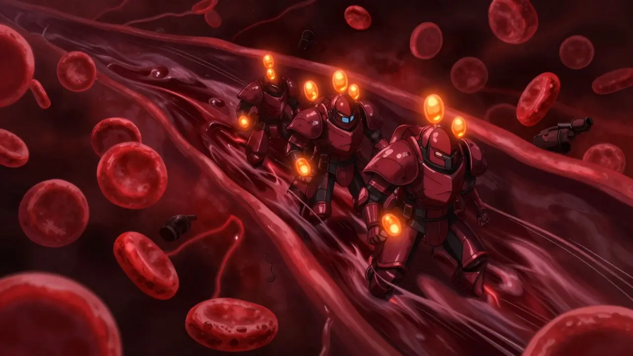 Boichi-style illustration of red blood cells carrying glucose molecules in a bloodstream.