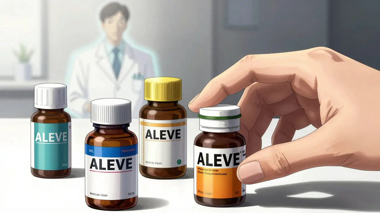 Close-up of various Aleve bottles with a hand selecting one, dramatic lighting