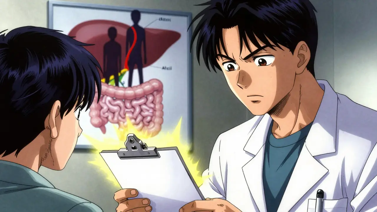 Doctor and patient discussing medication risks with dramatic anime shading