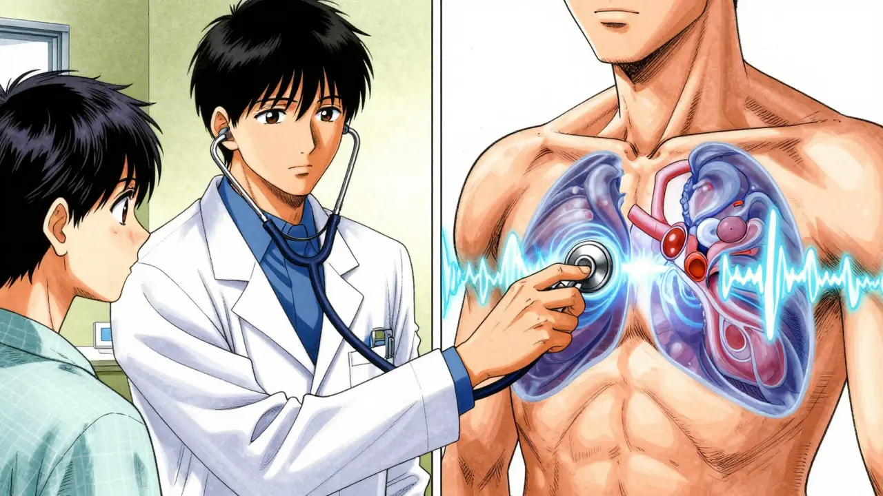 Doctor listening to heart with visualized sound waves