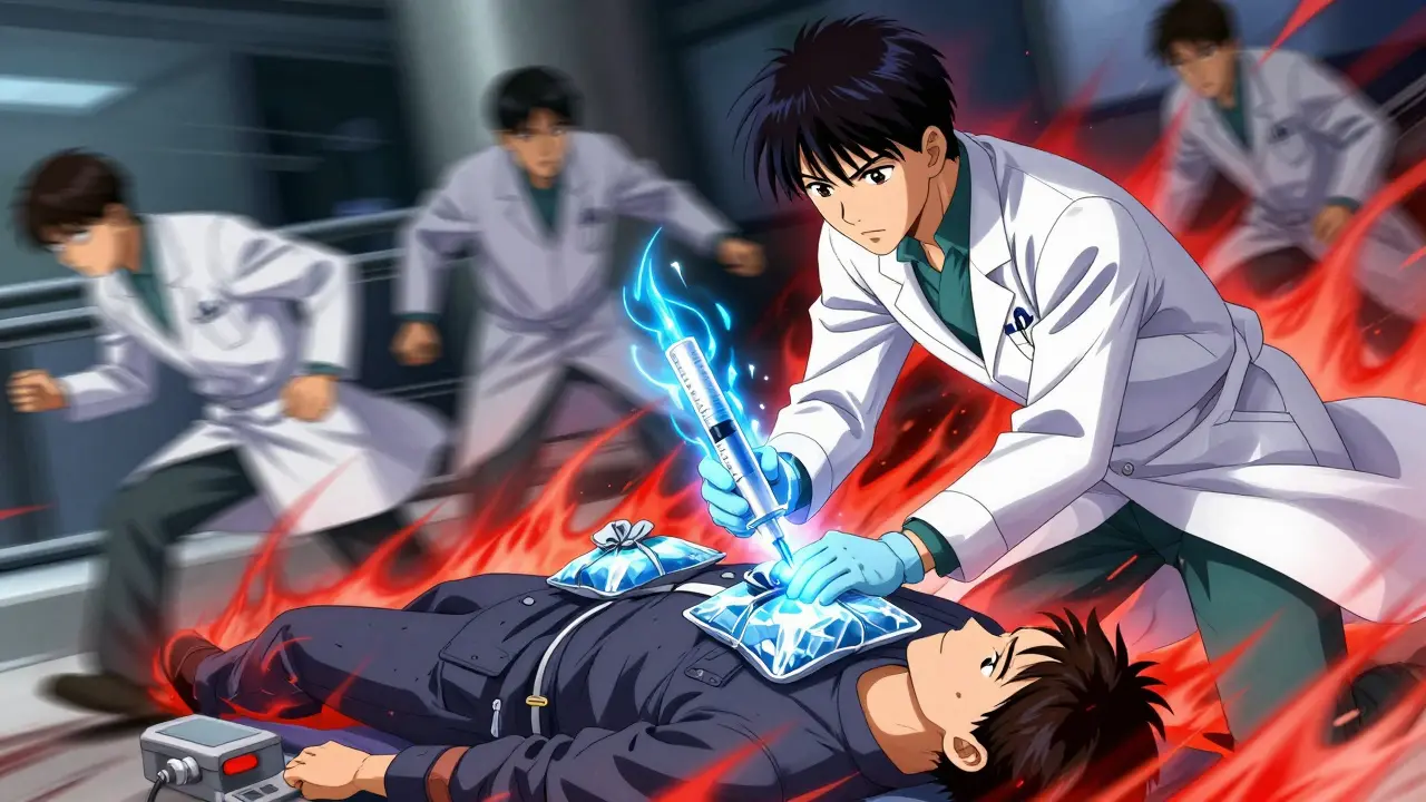 Dynamic anime depiction of doctors administering emergency dantrolene treatment
