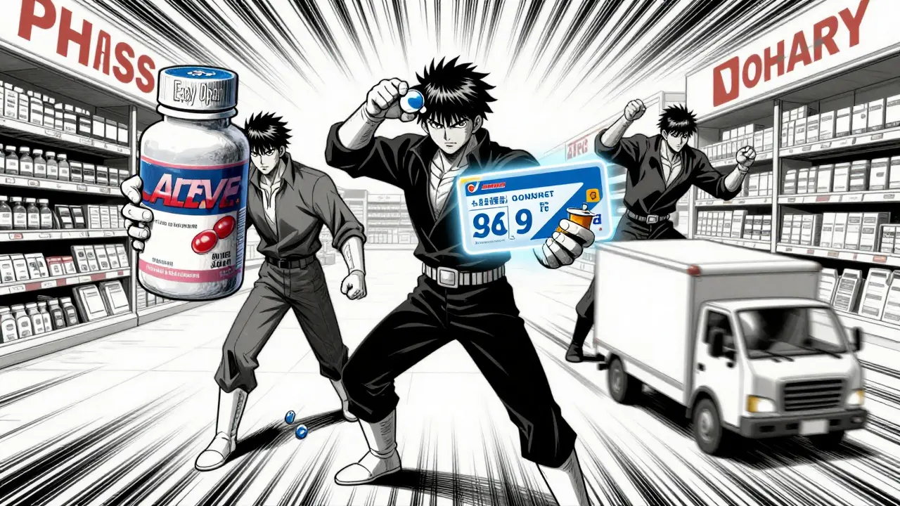 Dynamic anime scene comparing online retailers for pain relief medication