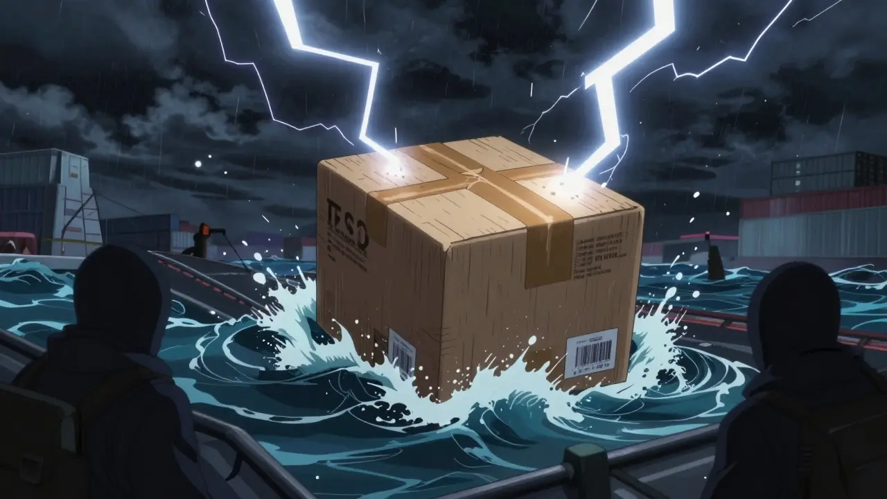 Fragile medicine package navigating stormy international shipping