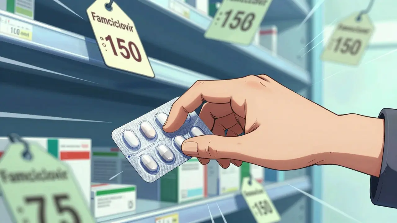 Hand grabbing generic medicine with price drop symbols