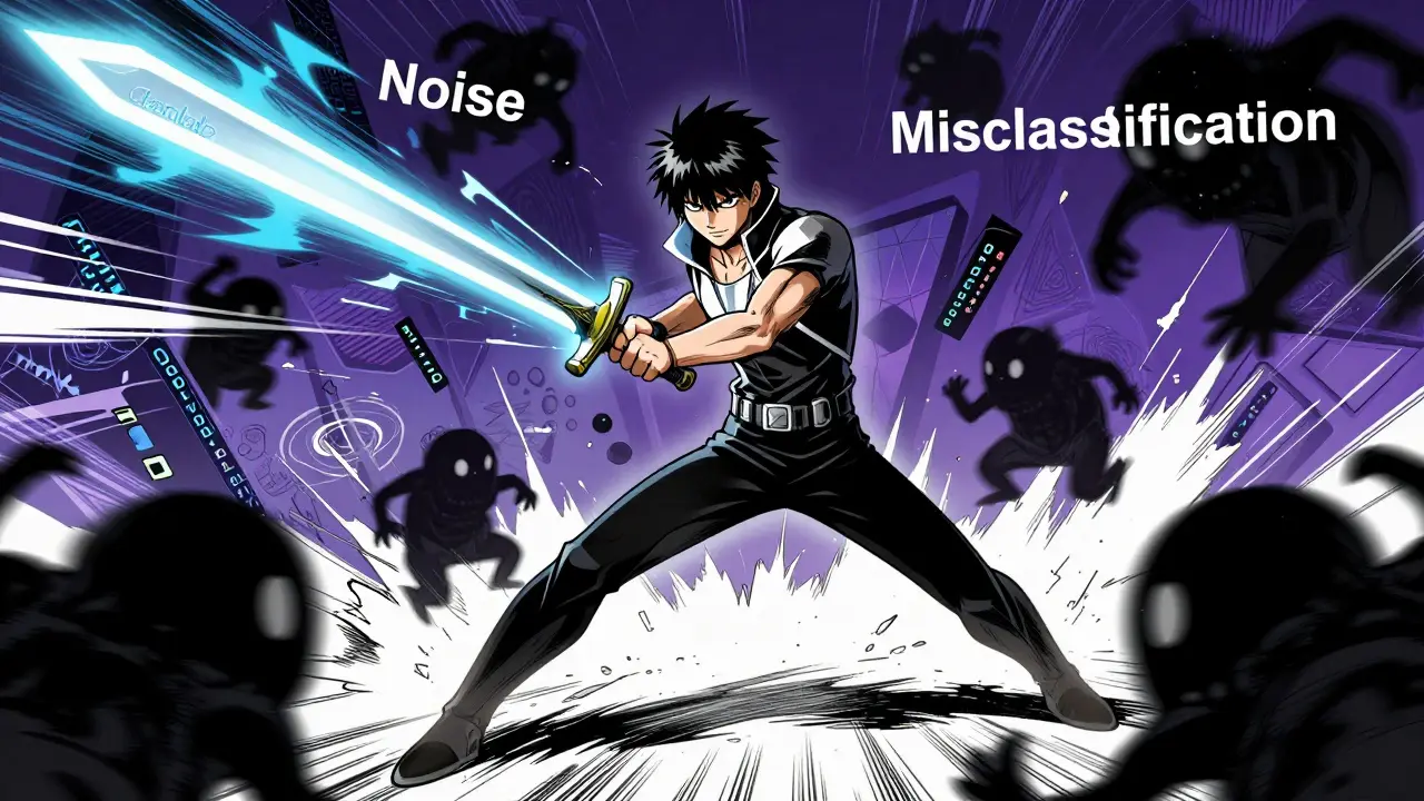 Hero fighting data noise monsters in manga style