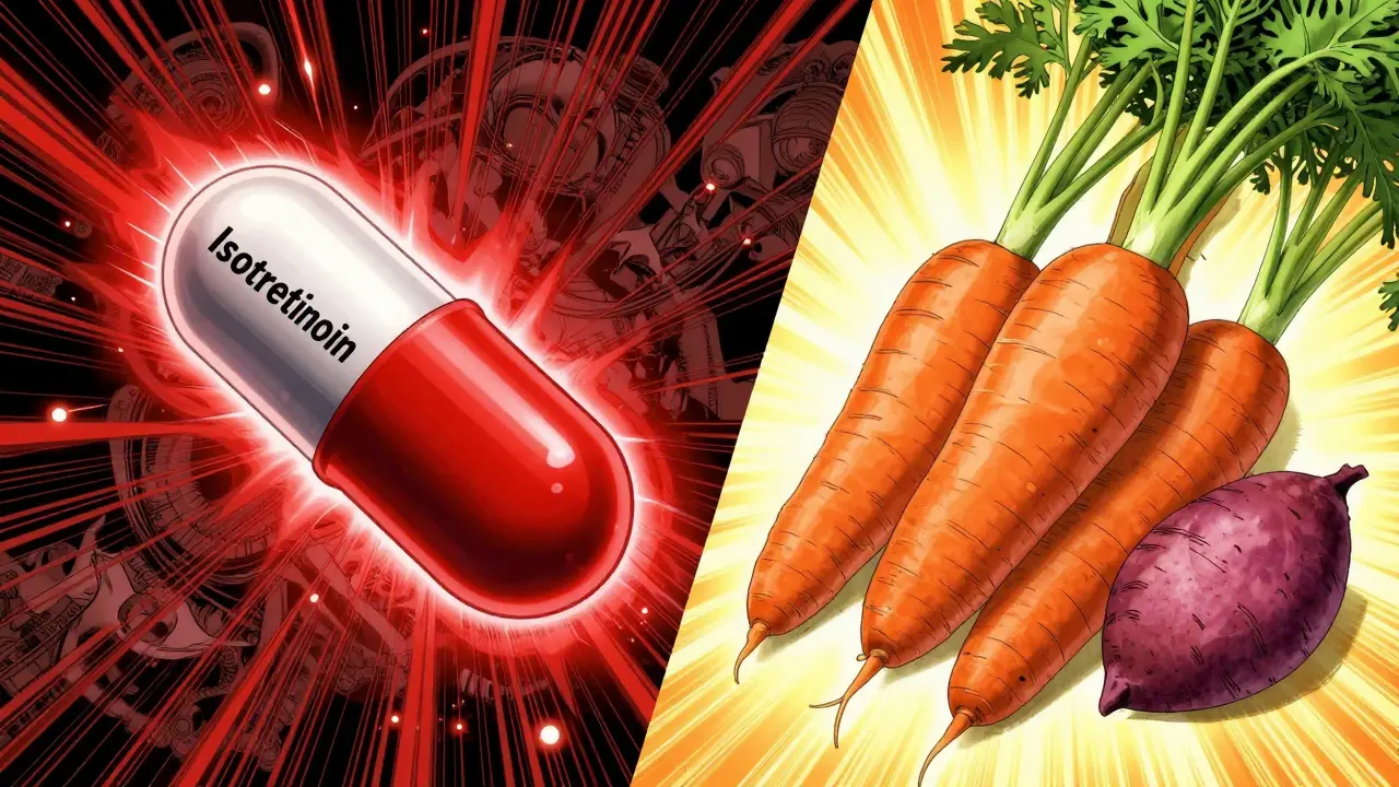 Manga art contrasting dangerous red pill with safe glowing orange vegetables.