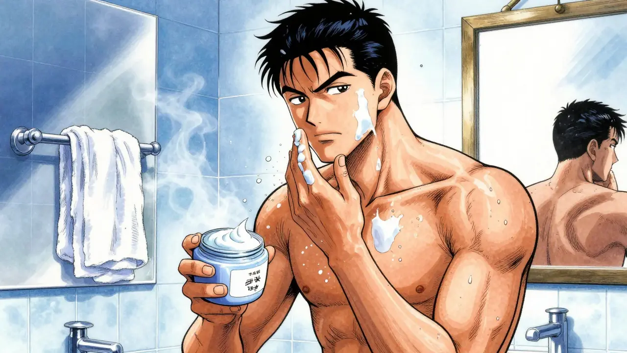 Manga character applying moisturizer in a bathroom, dynamic water effects