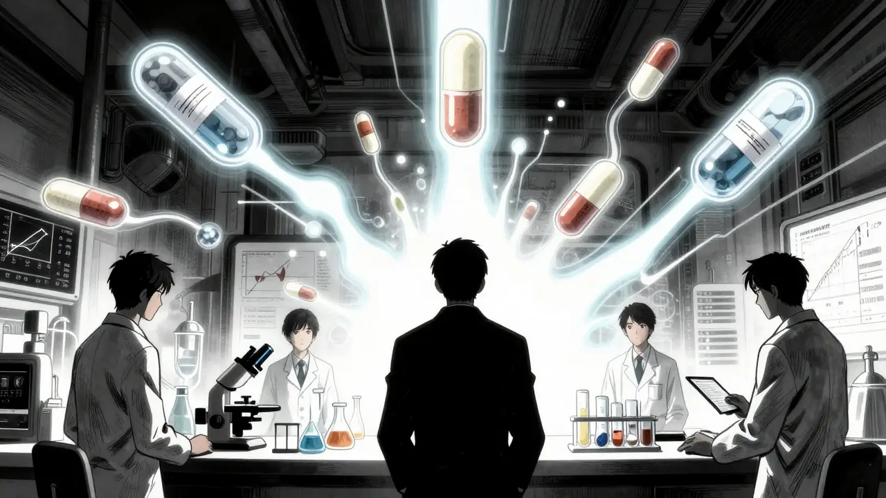 Scientists analyzing glowing data streams from multiple drug batches in a lab