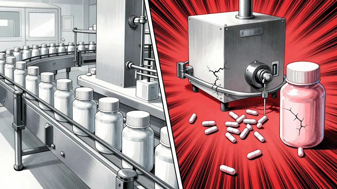 Split view of pill production showing subtle inconsistencies and manufacturing flaws