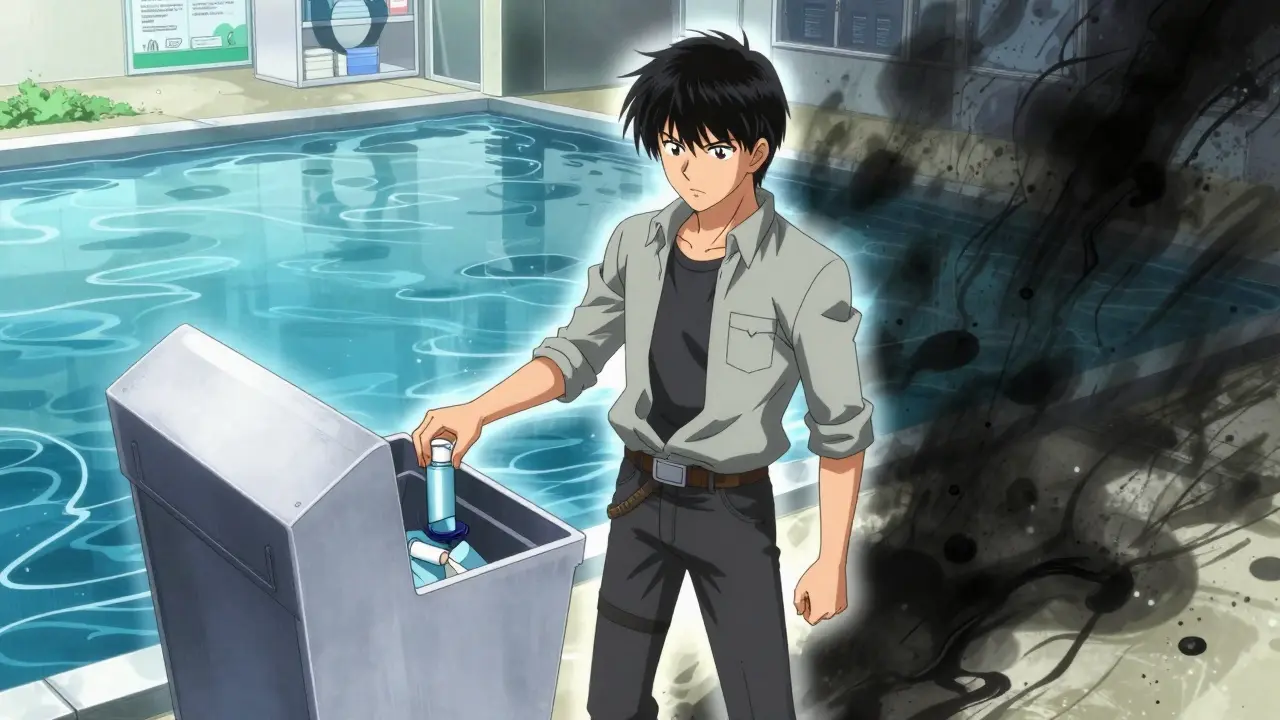 Anime character safely disposing of expired inhaler at a pharmacy drop box