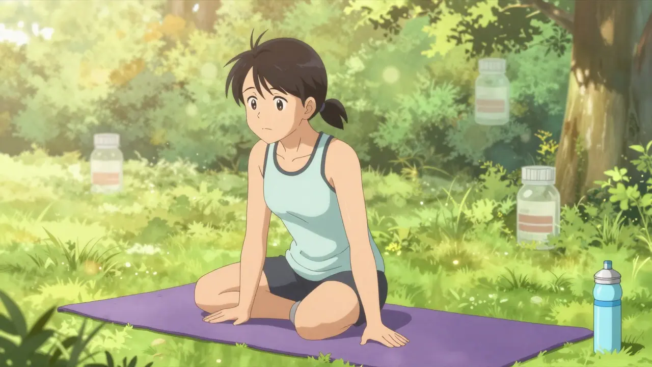 Anime person exercising in park with soft sunlight and medication symbols