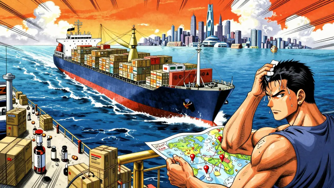 Cargo ship carrying medicines to emerging markets at sunset