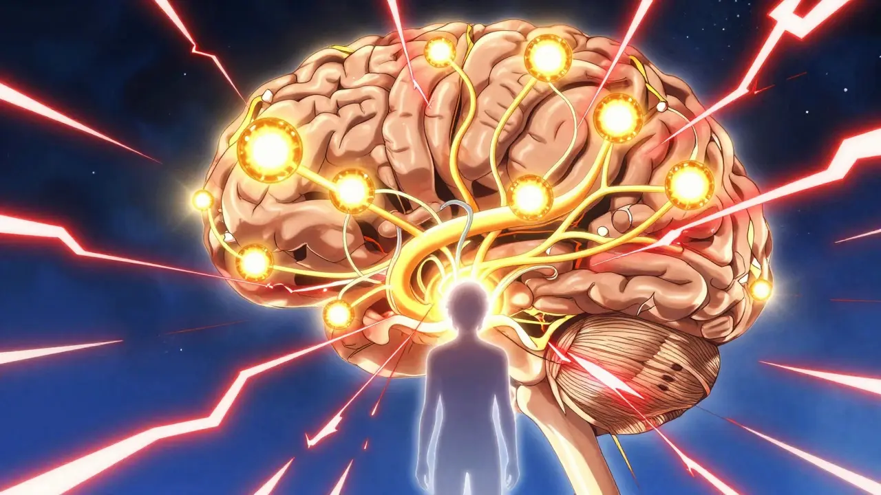 Conceptual anime brain with golden neurotransmitters blocking red pain signals