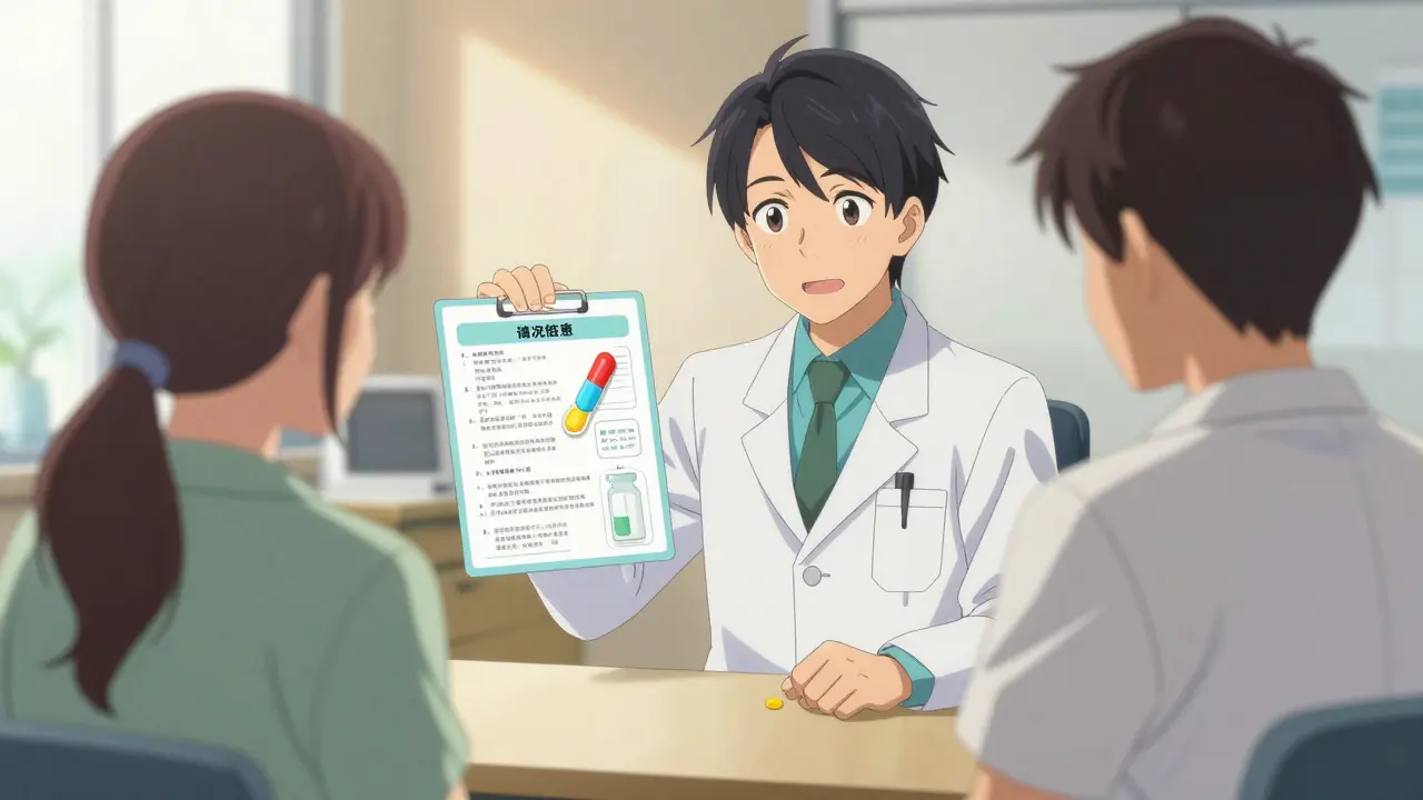 Doctor explaining medication risks to patient in bright clinic