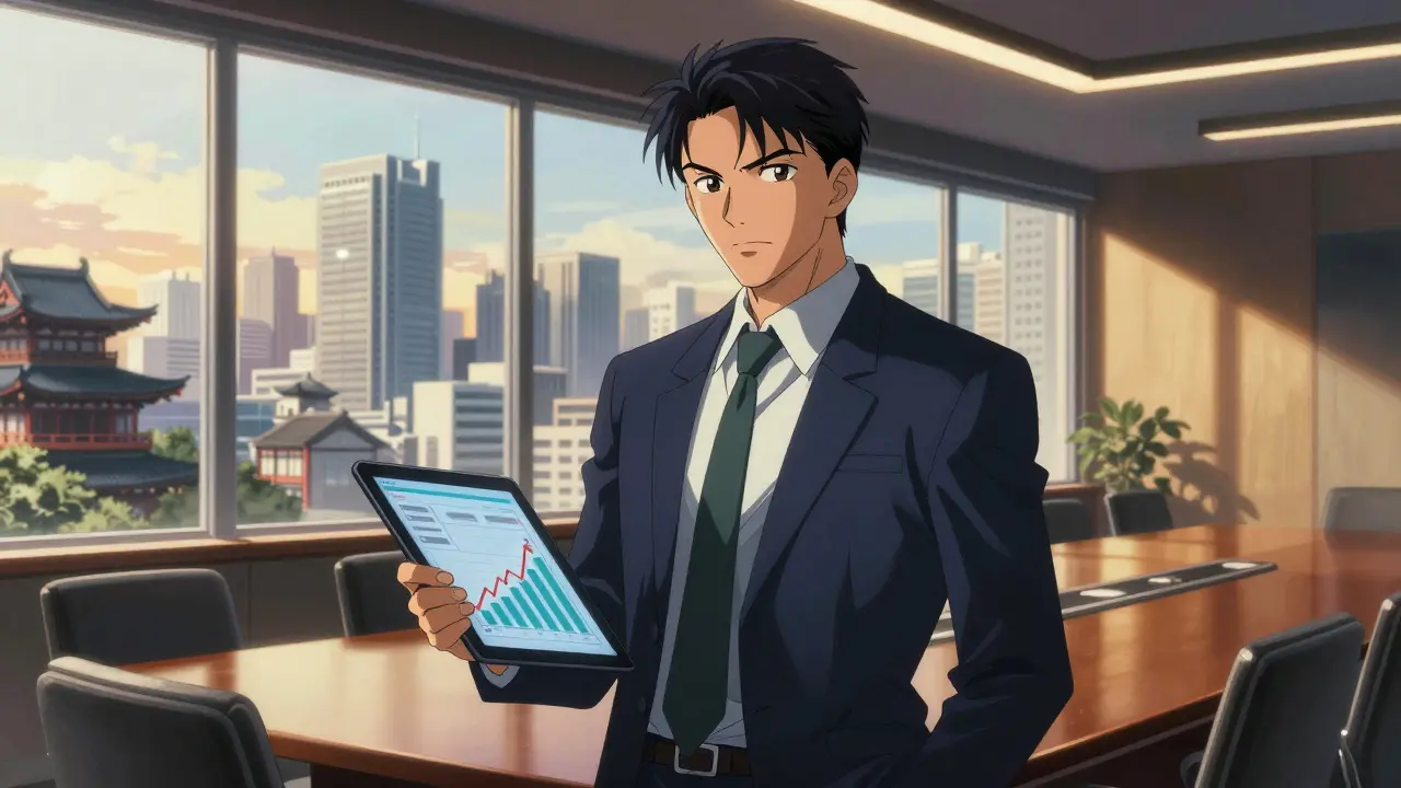 Executive reviewing growth charts in modern boardroom