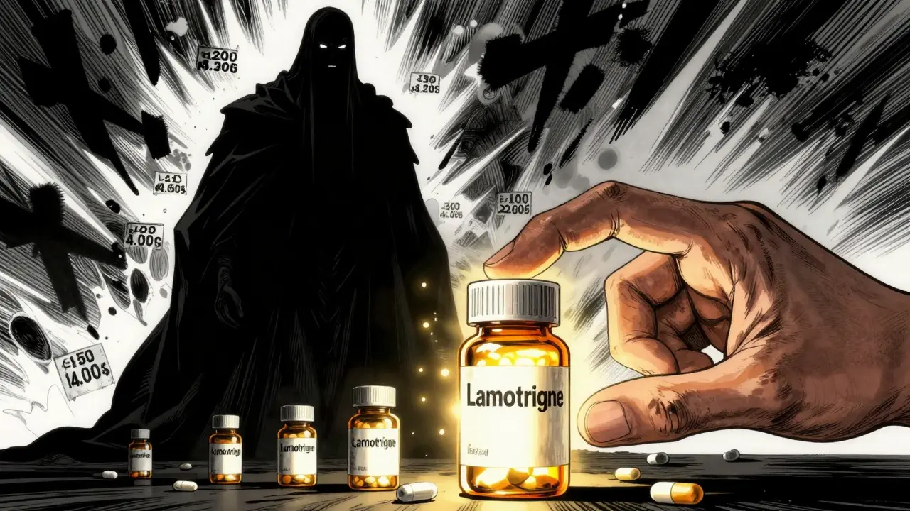 Generic lamotrigine pills glowing brightly against dark shadows.