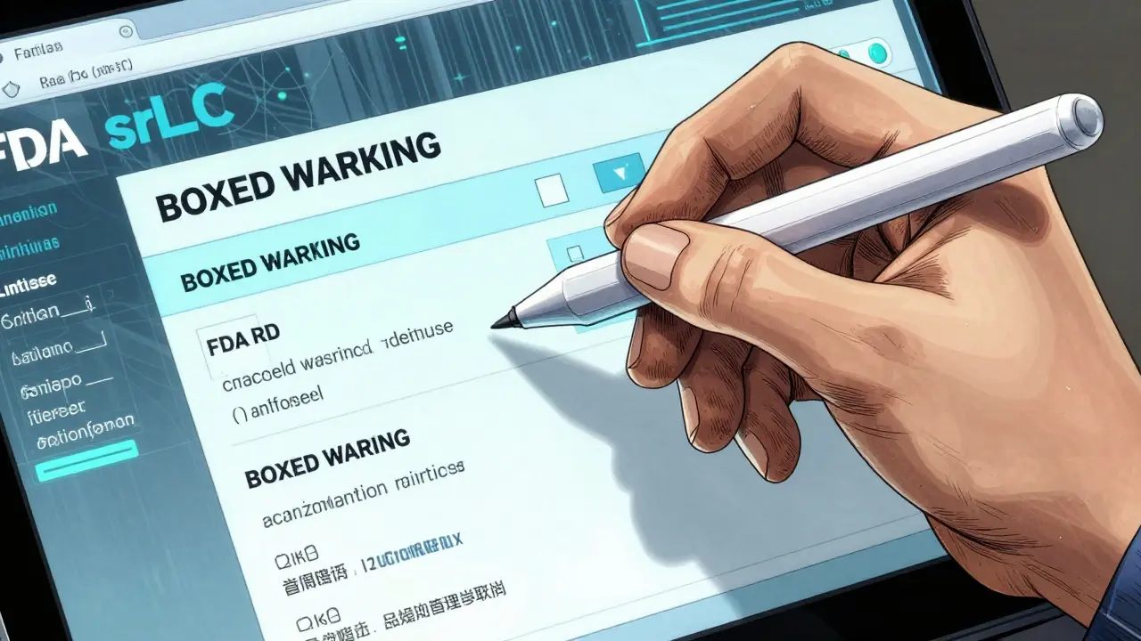 Hand using stylus on digital database interface for drug safety