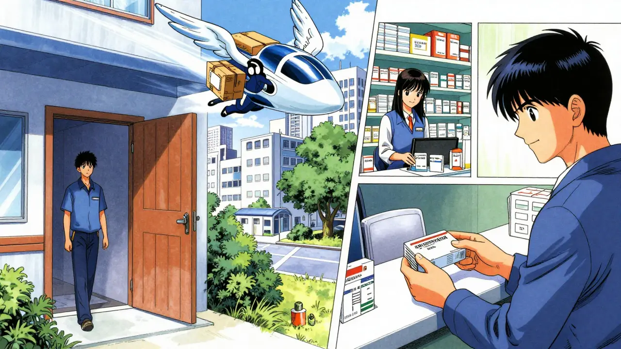 Medication delivery package arriving at a doorstep efficiently.