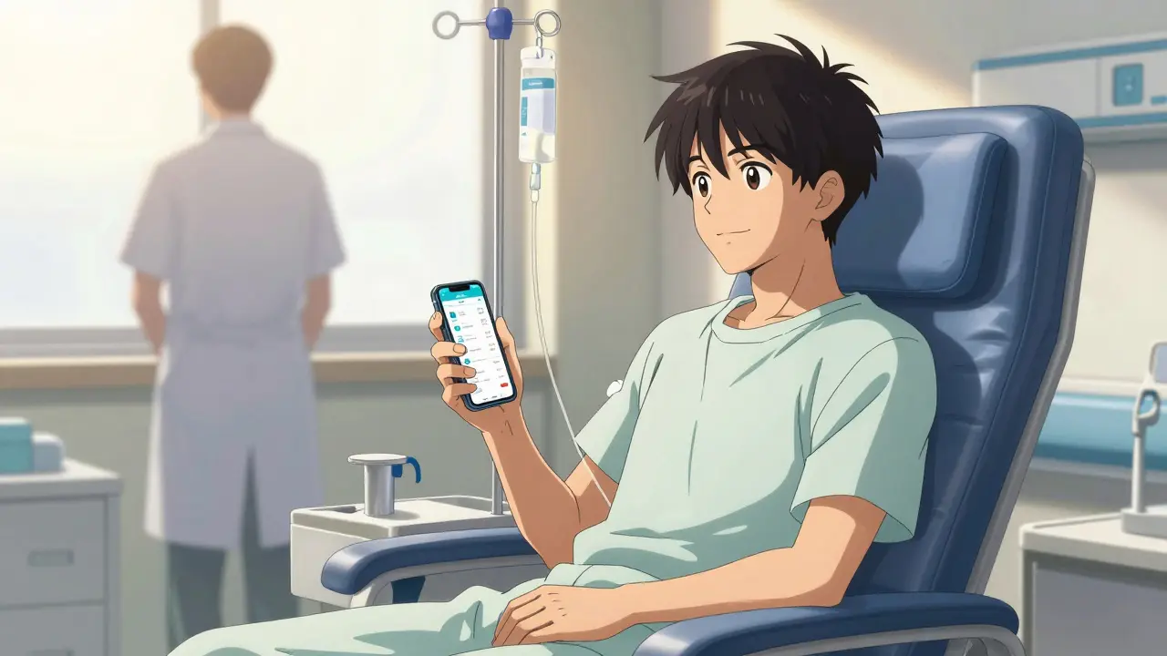 Patient receiving IV therapy in a sunlit room, symbolizing hope and new treatments.