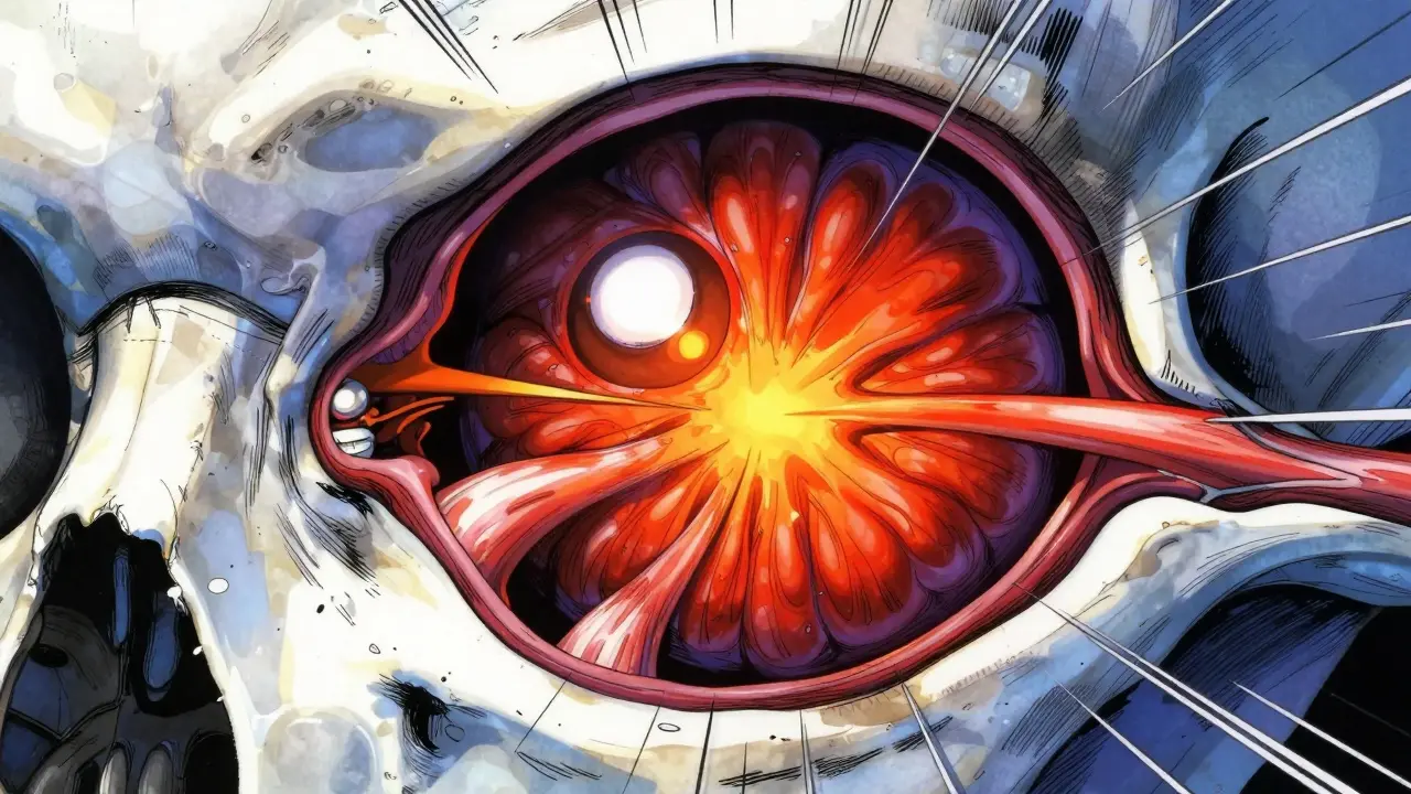 Stylized anatomical view of swollen eye muscles pushing the eyeball forward in manga art.