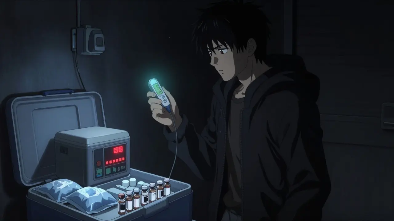 Checking thermometer next to medical cooler at night