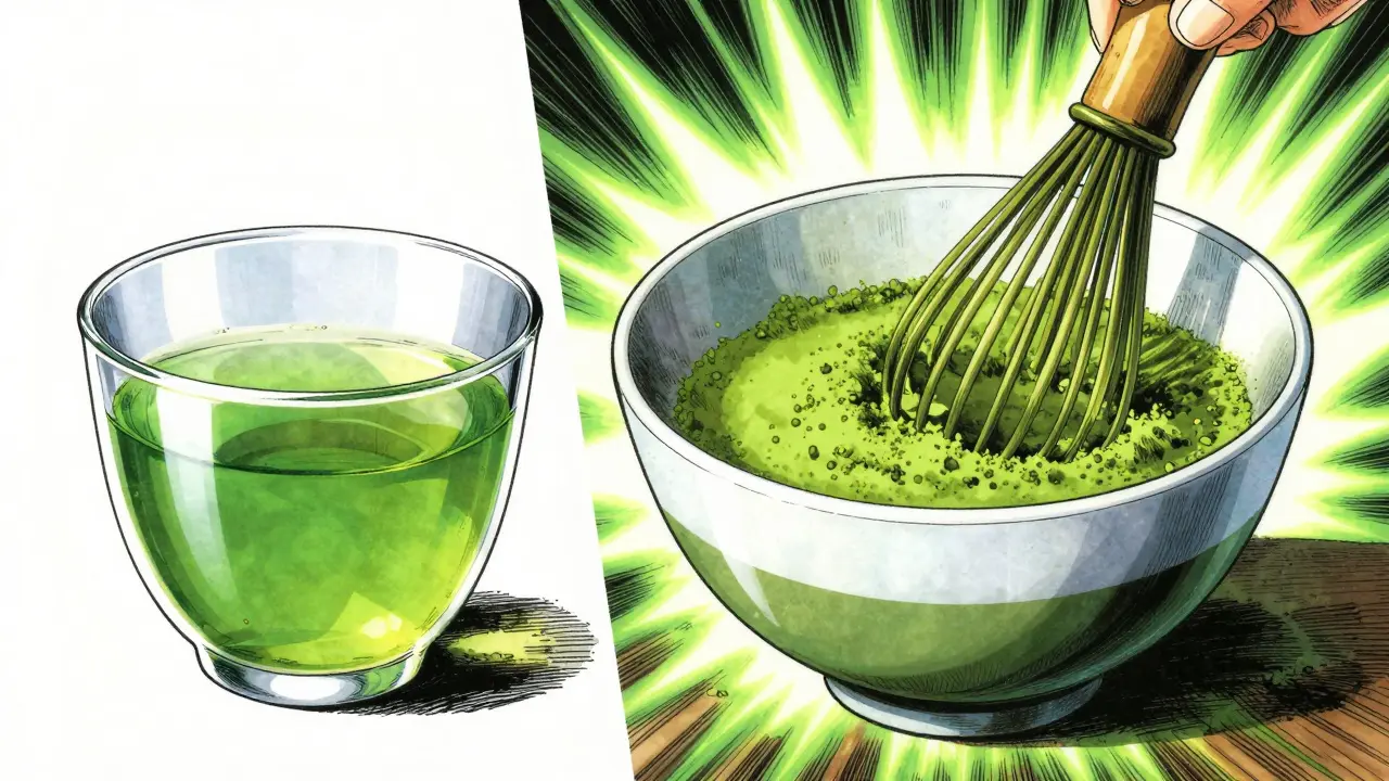 Comparison of brewed green tea vs intense matcha powder in anime style