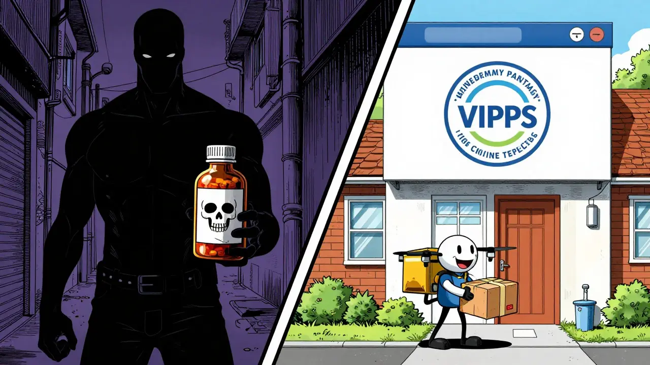 Contrast between shady fake drugs and safe verified online pharmacy delivery