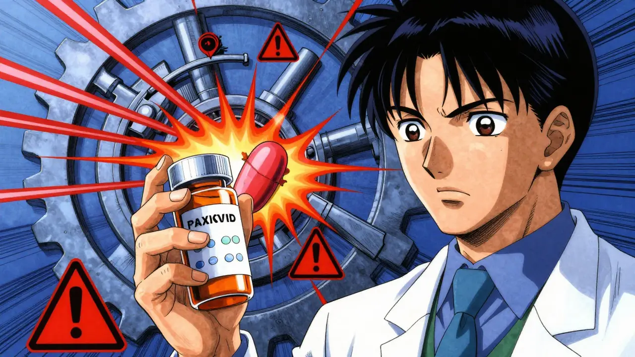 Doctor looking concerned as mechanical gears jam, symbolizing dangerous drug interactions between Paxlovid and blood thinners