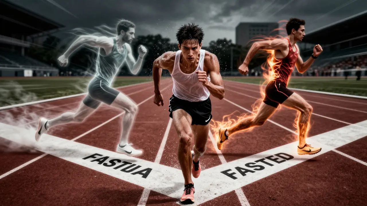 Dynamic anime scene of runner choosing between fasted and fed training paths