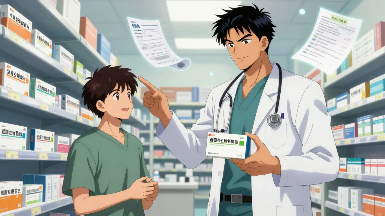 Dynamic anime scene showing a doctor and patient successfully accessing authorized generics.