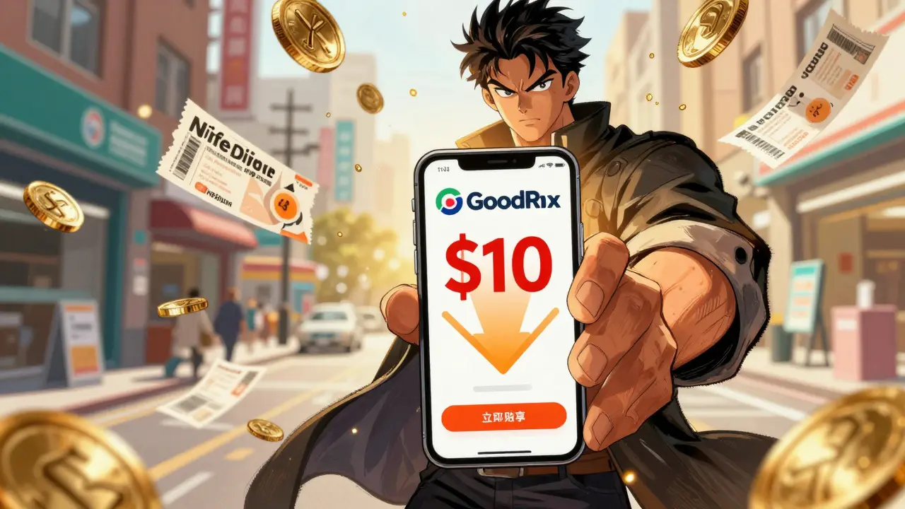 Heroic figure celebrating savings with discount coupons on smartphone