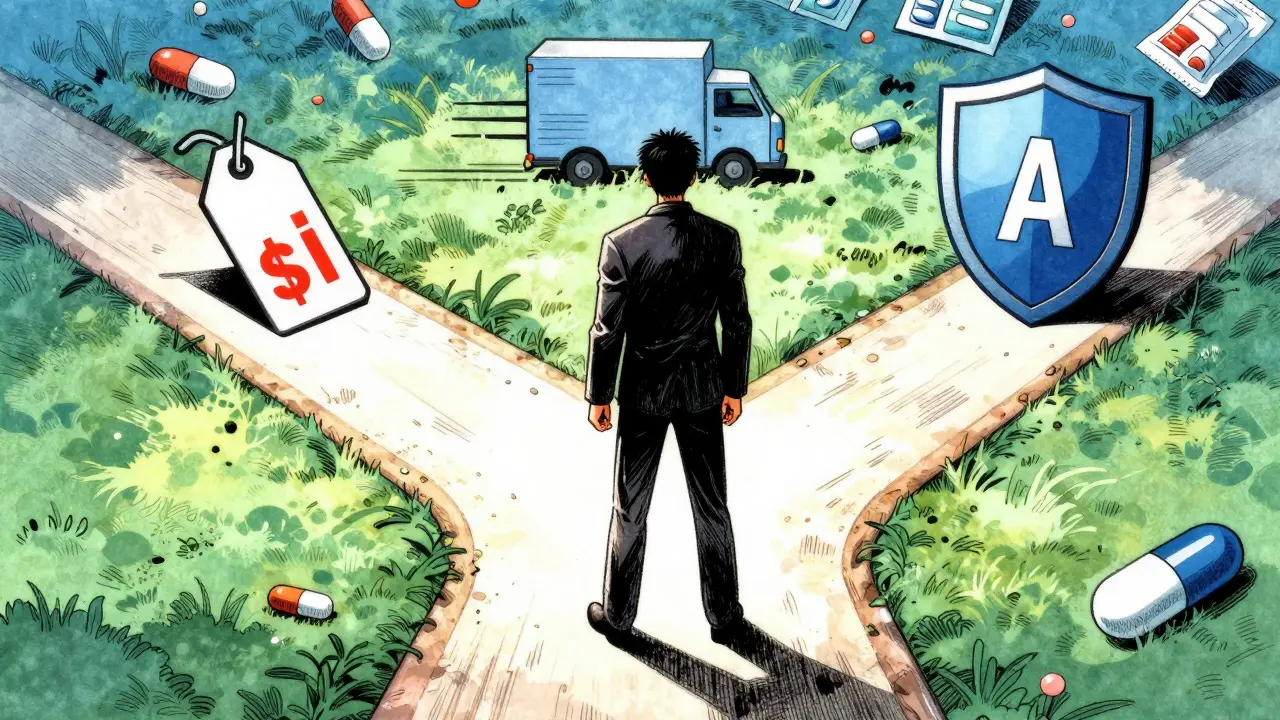 Manga art showing choices for buying medicine safely online