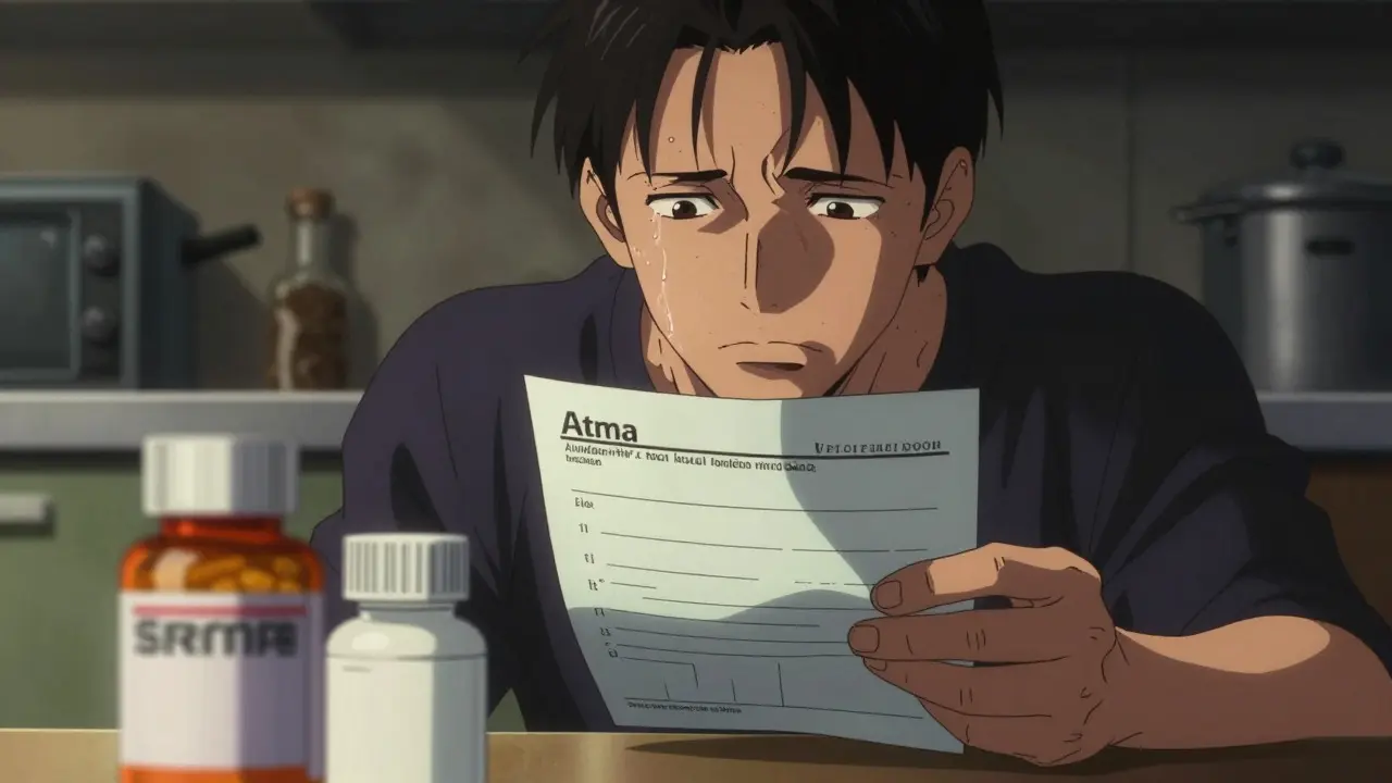 Manga-style illustration of a worried patient reviewing medication options at home.
