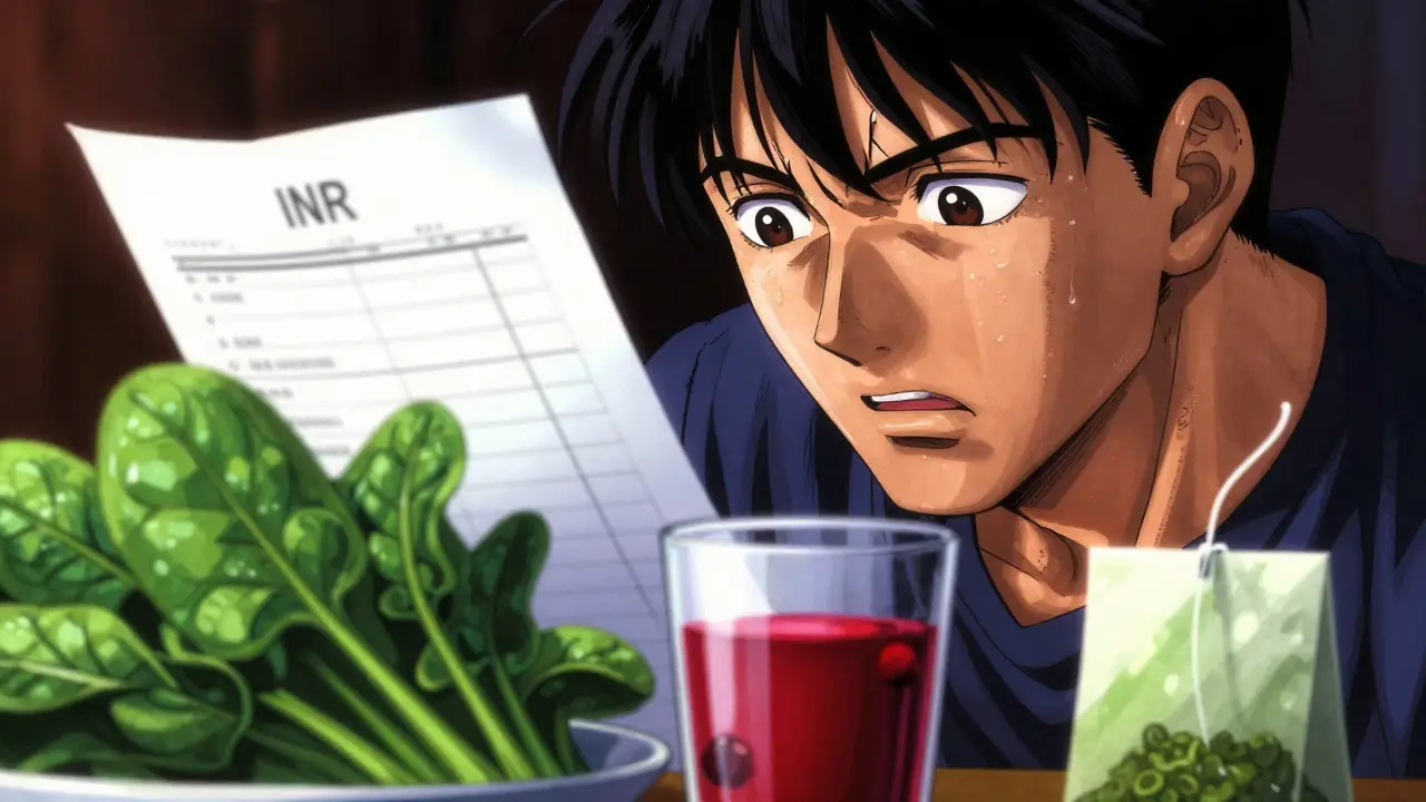 Patient reacting to INR results with dietary items in foreground