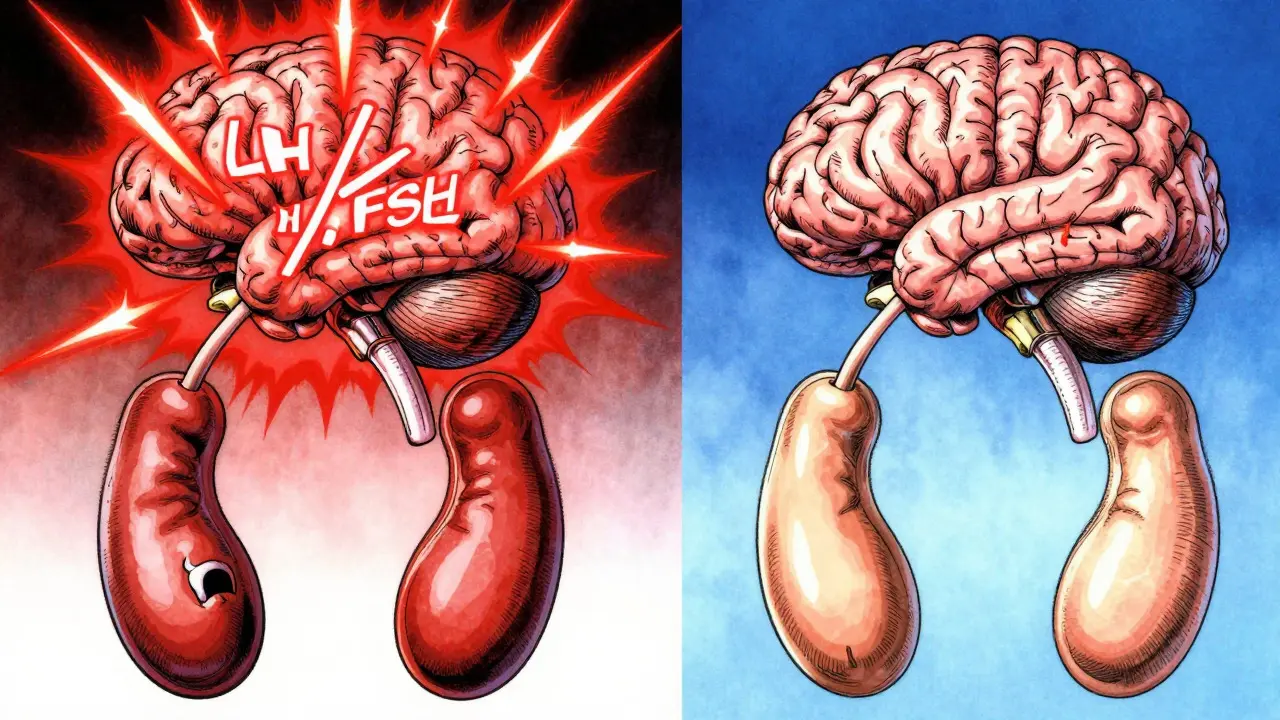 Split diagram showing hormonal imbalance in testes and brain