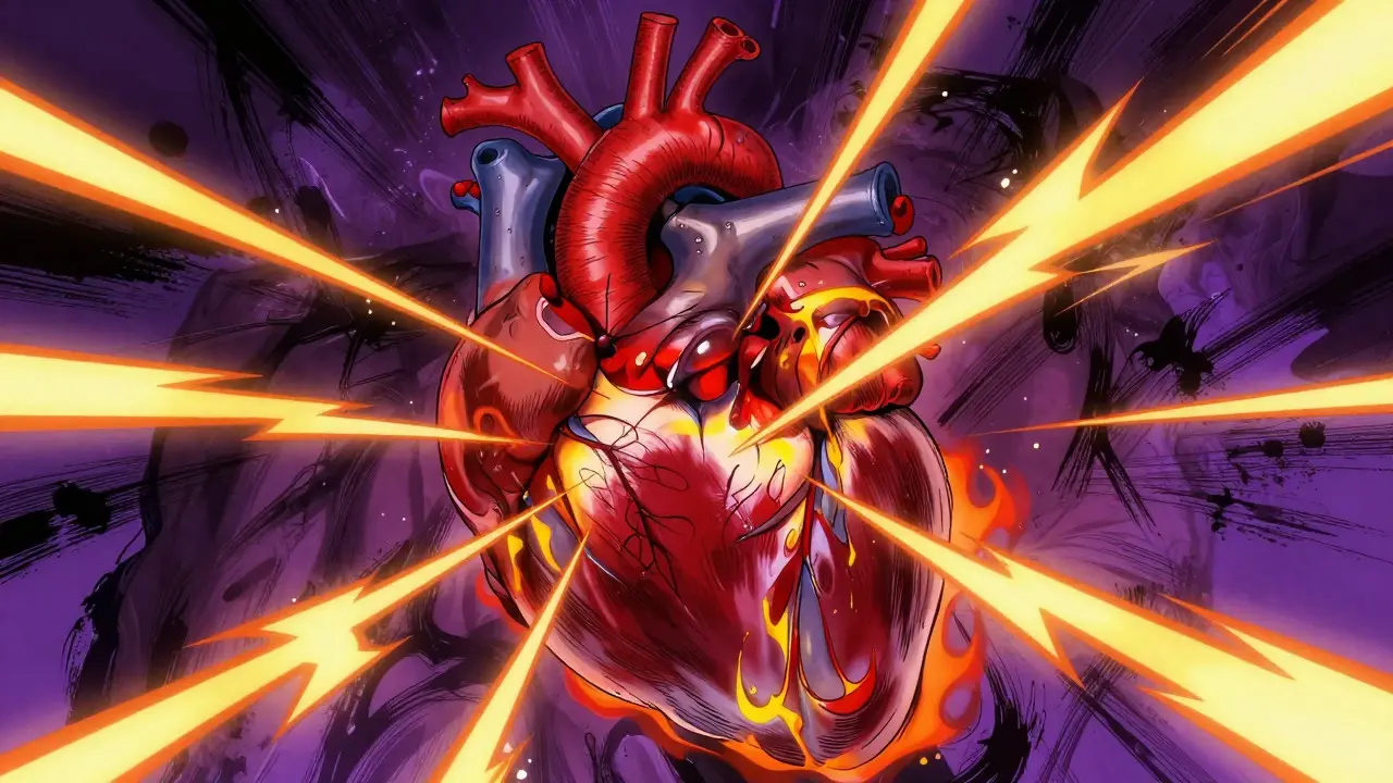 Stressed heart under adrenaline surge, illustrated in intense manga art