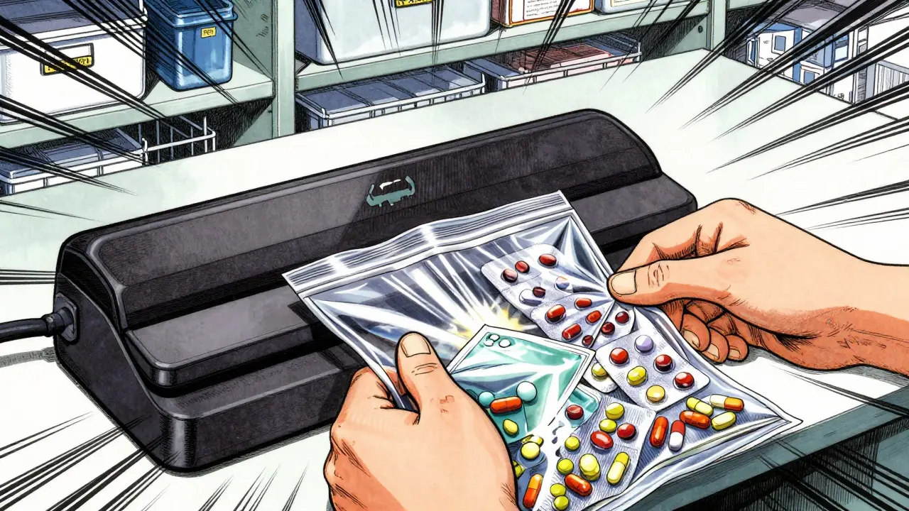 Vacuum sealing pills and silica gel in a bag