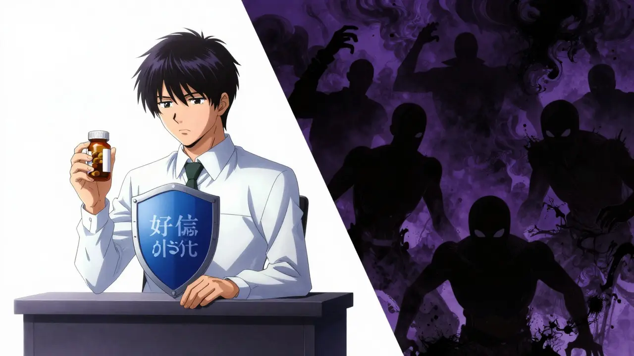Anime illustration contrasting an honest distributor with shadowy counterfeiters in a dramatic legal setting