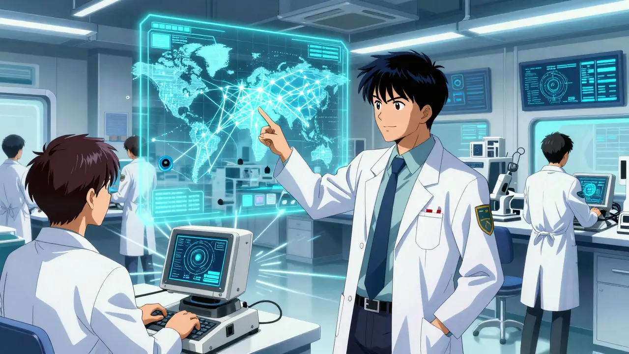 Boichi-style anime of scientists using RFID technology to track and verify pharmaceutical supply chains