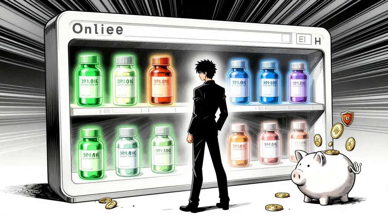 Character choosing cheap medication from a glowing digital shop