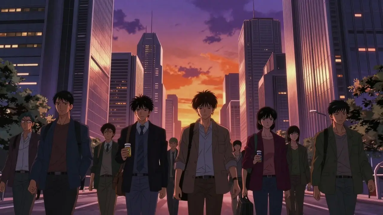 Crowd walking in a city at dusk holding medication