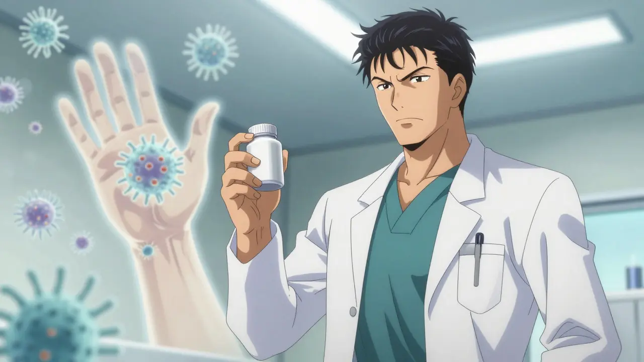 Doctor holding medicine with bacteria defeated in background, anime